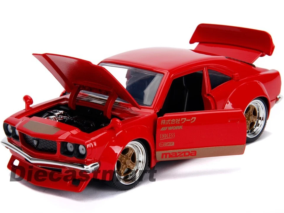 Sintonizadores Jada 1:24 JDM Mazda RX-3 1974 negro brillante/rojo modelo de coche fundido a presión nuevo  Foto 4 de 4