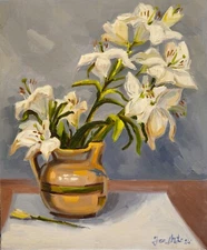 Original Oil Painting on board ,"White lilies", 50cmx60cm, Signed
