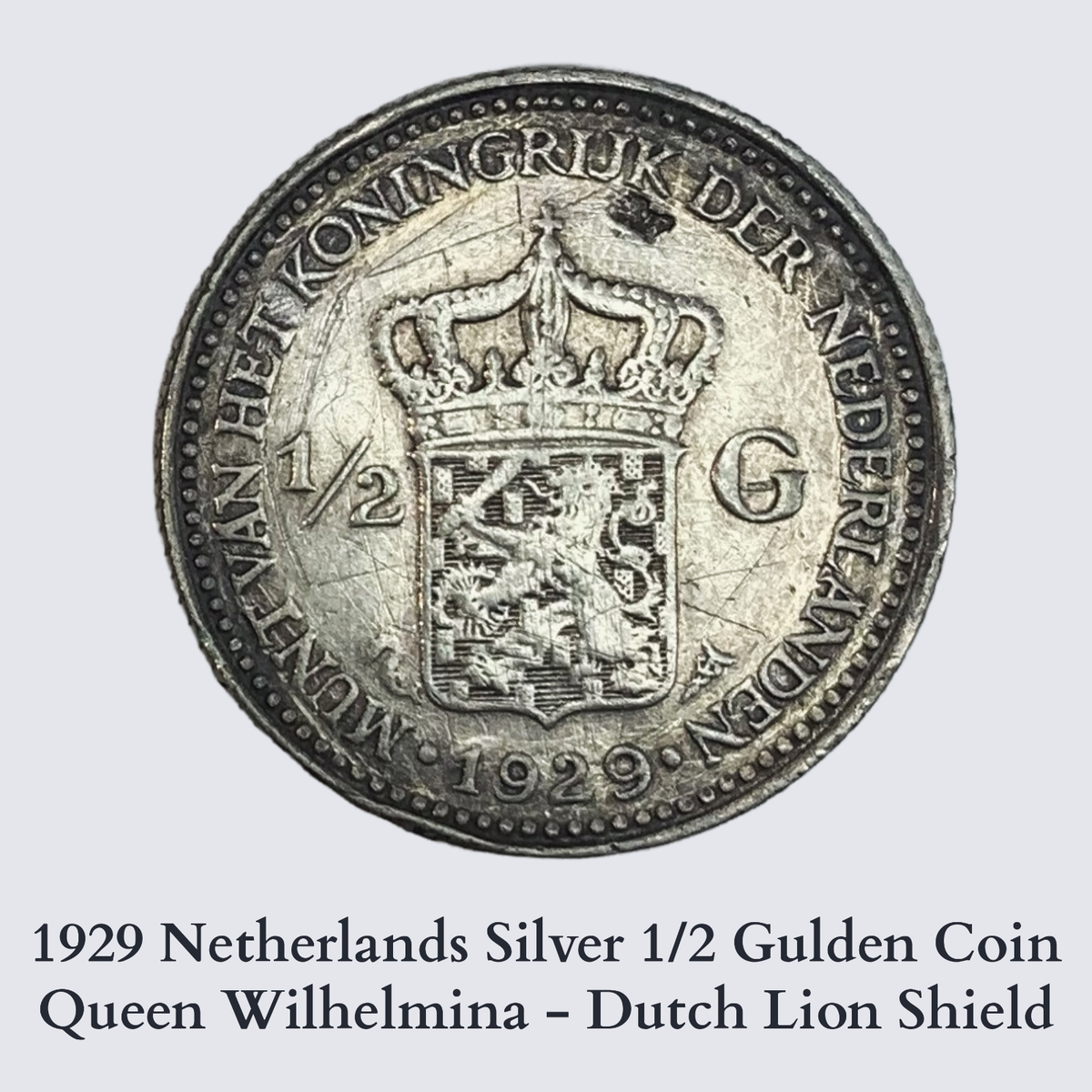 1929 Netherlands Silver 1/2 Gulden Coin - Queen Wilhelmina-Dutch