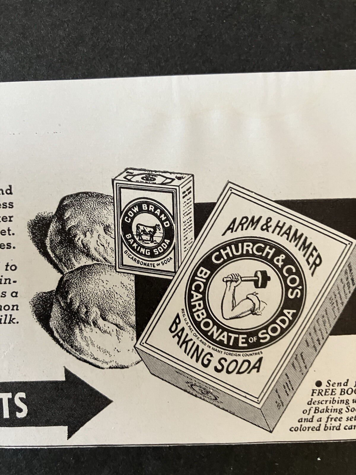 1941 Arm & Hammer or Cow Brand Baking Soda Biscuits B&W Vintage Recipe Print Ad