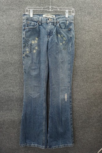 Mossimo Jeans Damen Junior Größe 1 niedriger Anstieg Flare Blume Akzent Distressed