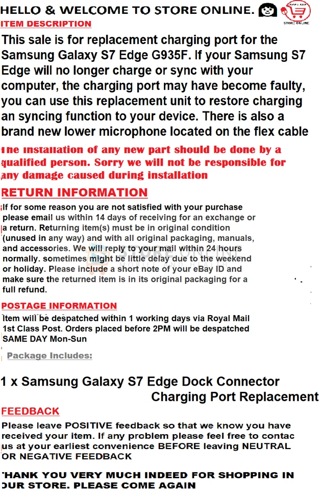 Samsung Galaxy S7 Edge Charging Port Replacement Dock Connector G935F - Image 2 of 2