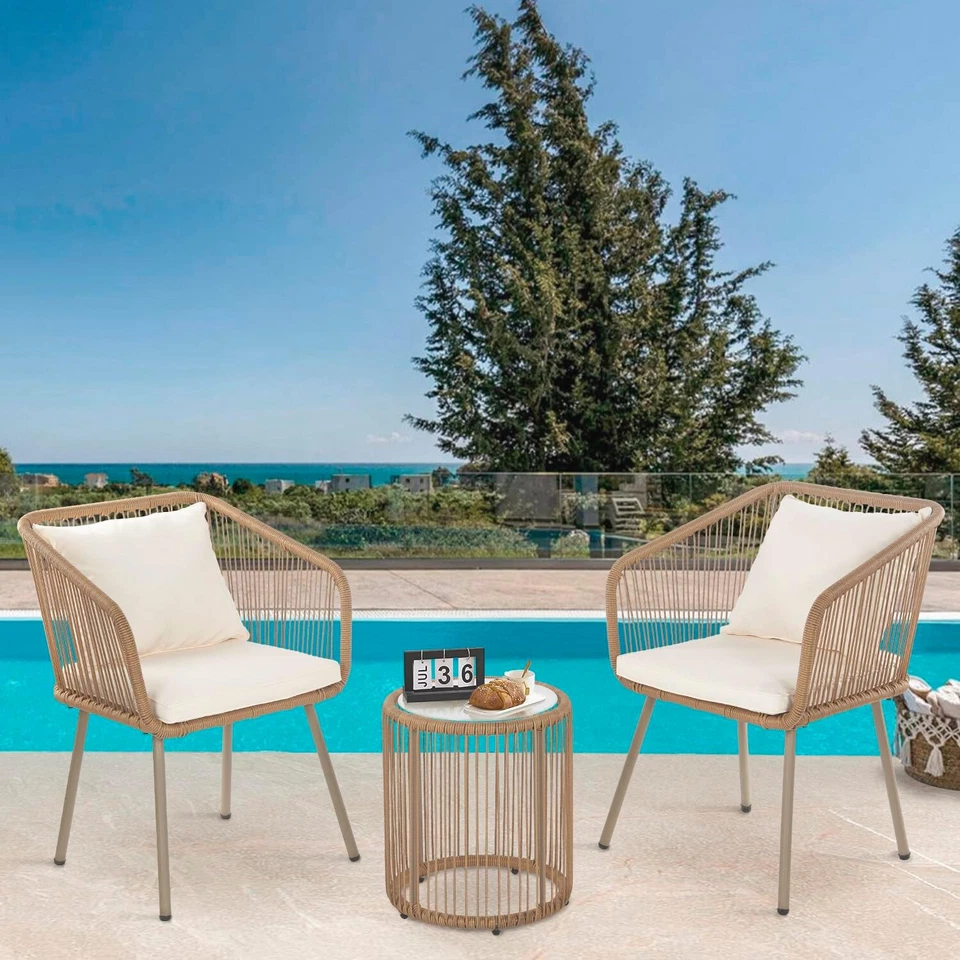 Juego de muebles de bistró de ratán PE de exterior de 3 piezas para patio juego de conversación de ratán Foto 2 de 4