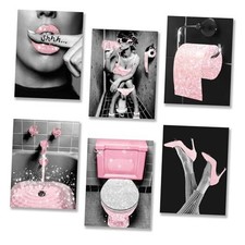 6 PCS Pink Canvas Posters Wall Art, 8"x10" Bathroom Decor, Pink Glam Toilet