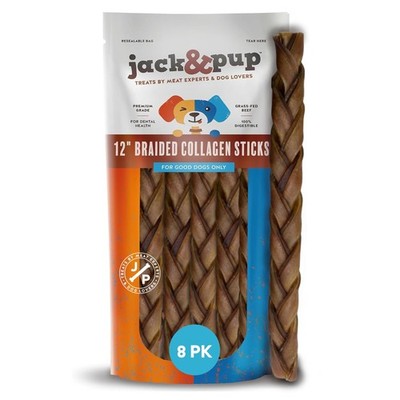 Jack&Pup 12'' Braided Beef Collagen Sticks for Dogs - Rawhide Free Dog Chews L...