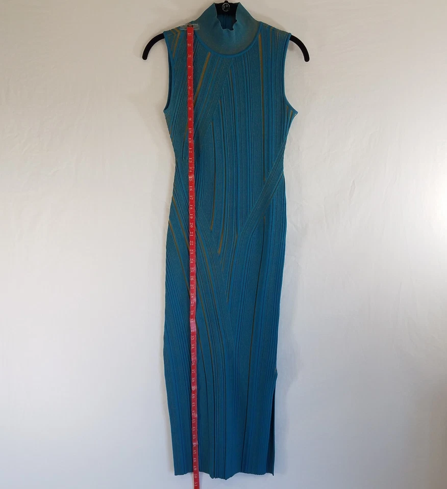 Hervé Léger Paris Bandage Maxi Dress Tidal Wave Blue Gold Ribbed LARGE Mock Neck - Image 4 of 4