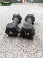 Two 10 lb Dumbbells Pair Hex Rubber Weights Home Gym Fitness Training Gear Cog