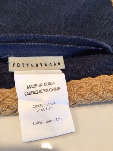 Pottery Barn Linen Pillow Cover Navy Blue Jute Trim Zip 20 x 20 Pillow Included - Picture 5 of 5