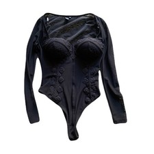 Black Small Sheer Long Sleeve Lace Trim Bustier Corset Bodysuit Whimsigoth