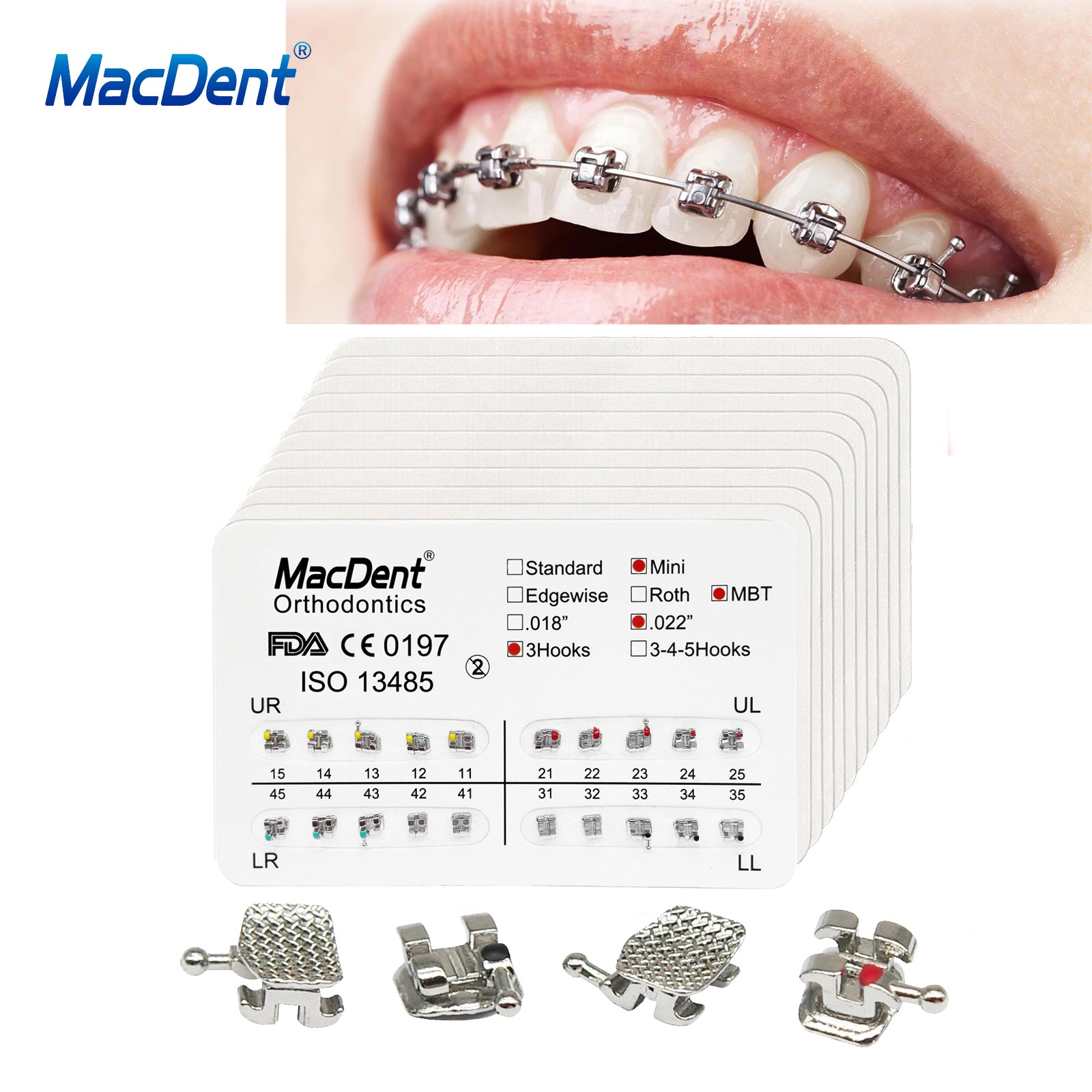 MacDent Orthodontic Dental Brackets Braces Mini Standard Roth MBT.022/.018 Hooks