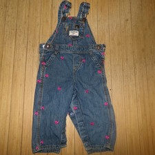 OshKosh Bgosh Baby Girls 12M Vintage Denim Overalls Pink Bird Embroidered