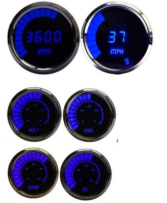 Intellitronix Blue LED Bargraph Multi-Gauge Set - Black Faceplate / Chrome Bezel