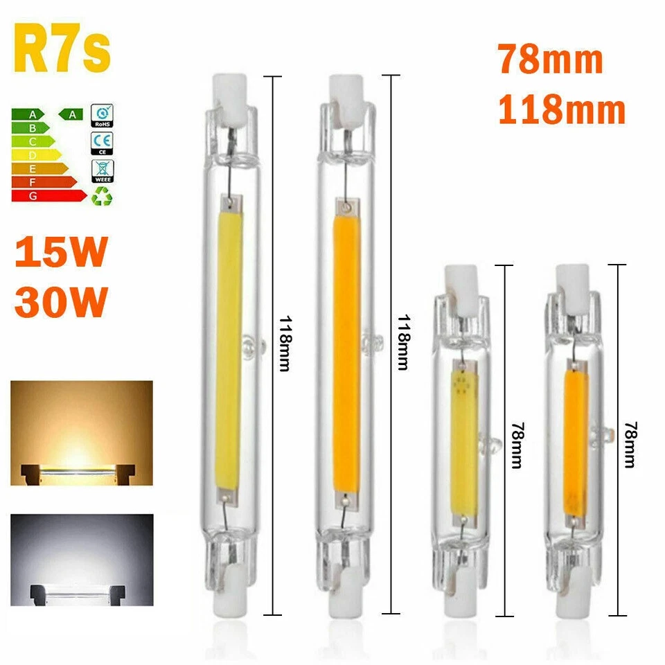 R7S LED Lamp COB 78mm 118mm 15/30W Dimmable Glass Replace Incandescent 110V/220V - Image 2 of 4