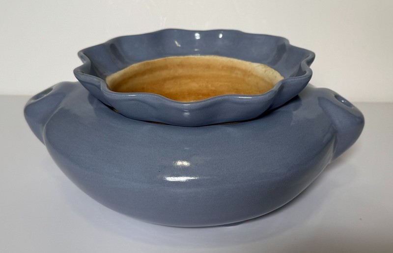 VINTAGE HANDMADE 10" CERAMIC VIOLET POT 2 PIECE SELF WATERING PERIWINKLE BLUE