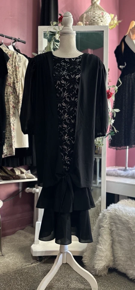 Mini Vestido Vintage Años 80 Talla Grande Negro Plata Cintura Caída Noche Cóctel 4X Foto 2 de 4