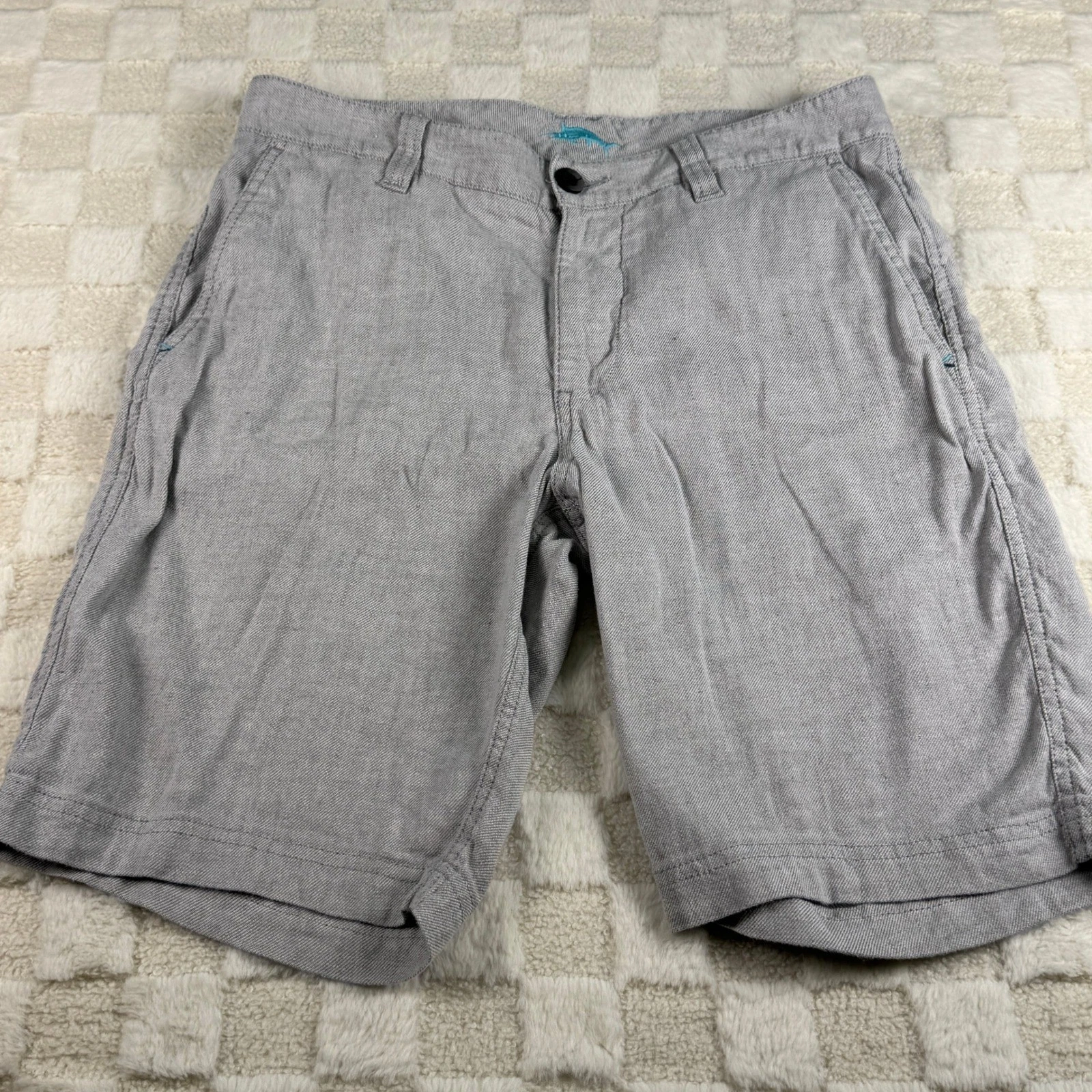 Tommy Bahama Mens 30 Gray Linen Blend Flat Front Marlin Logo Shorts 9" Inseam
