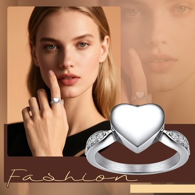 Women's Simple Stainless Steel Heart Ashes Urn Ring Cremation Keepsakes Jewelry