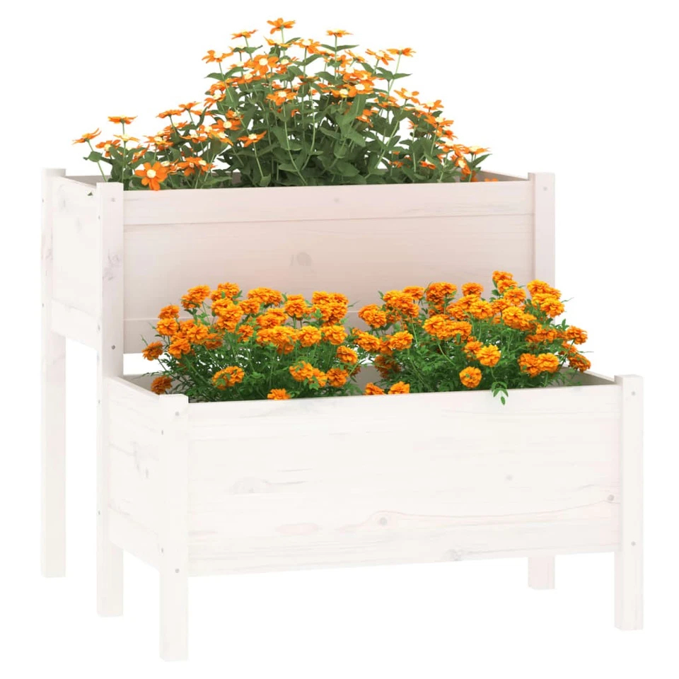 Planter White Solid Pine Wood 84.5x84x75 cm 2-Tier Raised Garden Box for patios - Image 3 of 4