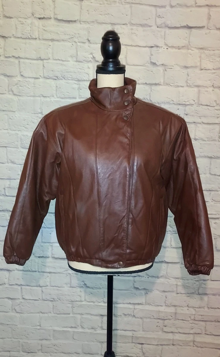 Vintage 80s Eddie Bauer Goose Down Brown Leather Quilted Bomber Jacket Size S
