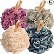 Exfoliating Shower Poufs 4-Pack Soft Mesh Scrubbers, Gentle Luffa for Body Wash