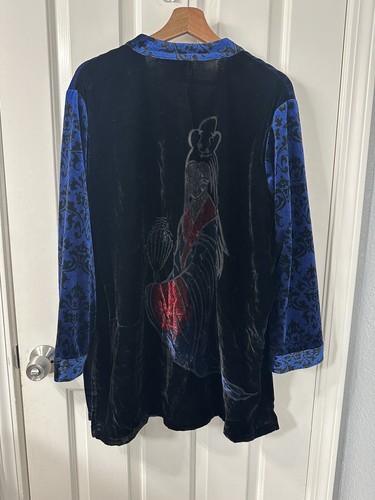 Vintage Look ostblau Samtshirt Jacke Damen Größe 1X asiatische Geisha Kunst zu tragen - Bild 2 von 9