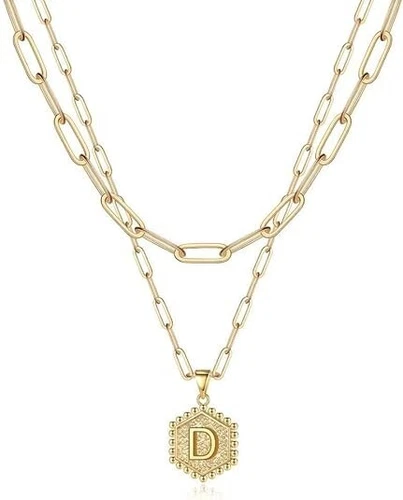 Dainty 14K Solid Gold Hexagon Initial Letter D Layered Pendant Necklaces Jewelry
