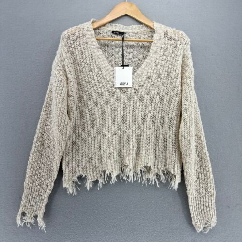 Very J Knit Crochet Sweater Ivory V-Neck Distressed Hem Sleeved SZ S Grunge NWT