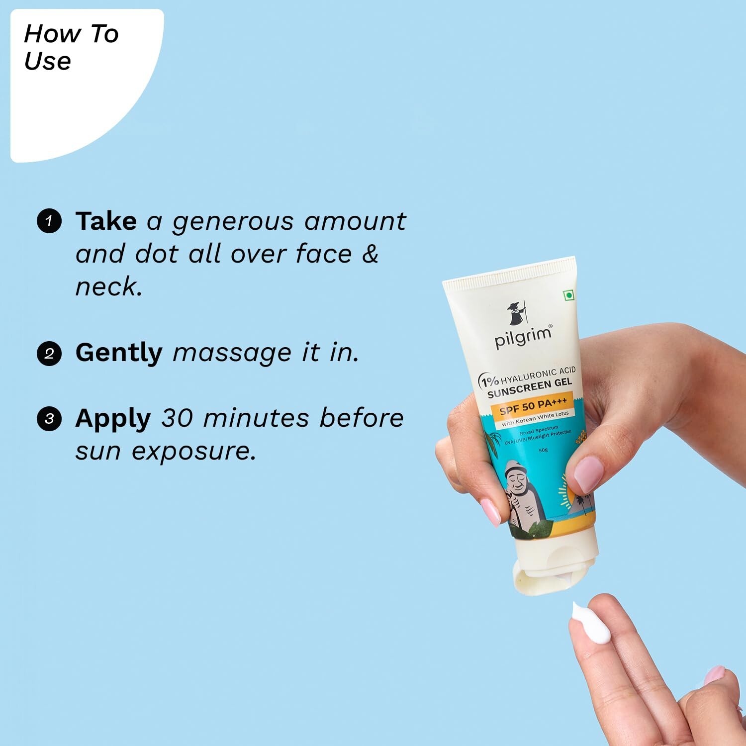 Pilgrim 1% Hyaluronic Acid Sunscreen Gel | Korean White Lotus | 50 gm Non-greasy