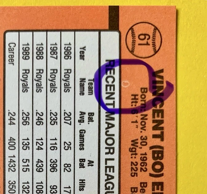 1990 年 BO 杰克逊 4 错误 #61 堪萨斯城皇家队 DONRUSS 棒球卡 无点 罕见 — 第 2/4 张图片