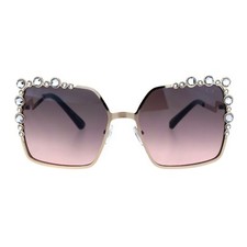 Womens Rhinestone Sunglasses Oversized Square Gold Metal Frame UV 400