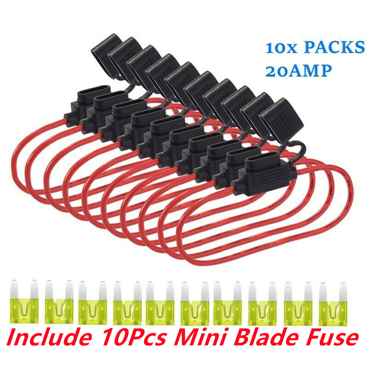 10Pcs In-line Mini Blade Fuse Holder Splash Proof for 12V 20A Fuses Car 18AWG