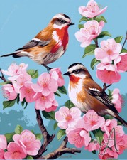 Two Birds Perched on Blossoms Printed Needlepoint Canvas Delicate Avian Beauty