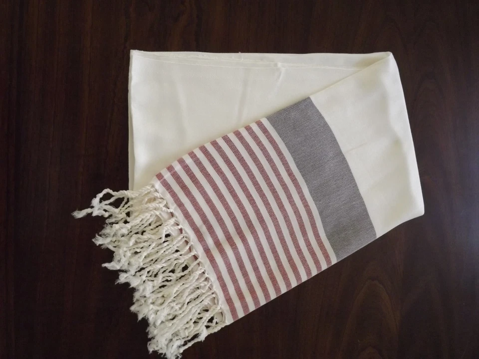 土耳其棉竹浴沙滩毛巾 Peshtemal 深蓝色红色 Marina 系列  — 第 2/4 张图片