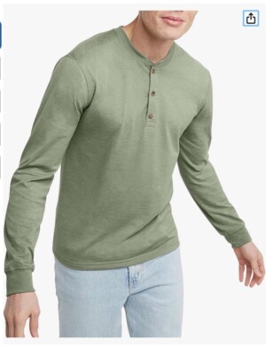 MENS NWOT HANES ORIGINALS LONG SLEEVE HENLEY COTTON SHIRT, 3XL EQUILIBRIUM GREEN