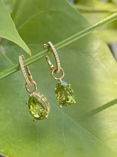 3Ct Pear Lab Created Green Peridot Drop Dangle Earrings 14k Yellow Gold Plated - Picture 2 of 5