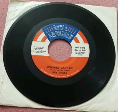 Guy Drake 45 Welfare Cadilac / Keep Off My Grass Royal American RA #1 solid vg
