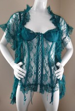 FREDERICKS OF HOLLYWOOD VNTG 90's New Gorgeous Jade Lace Bustier/Robe/Garter 36M