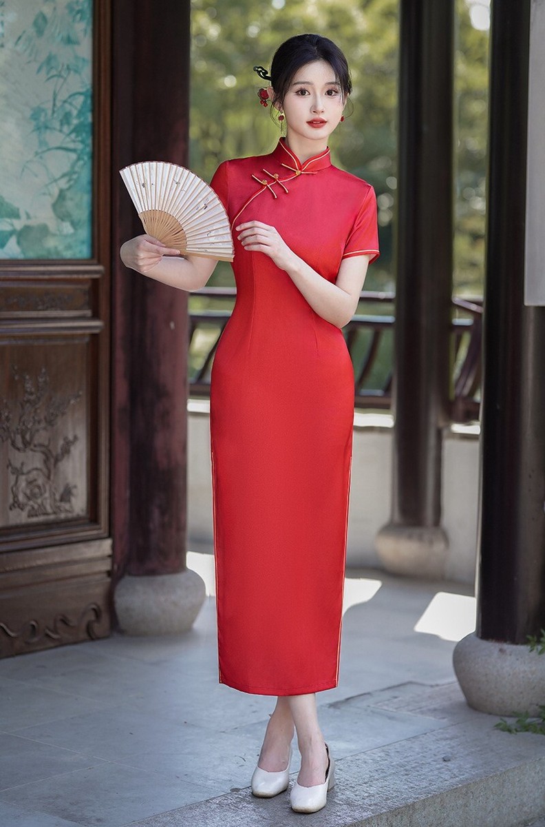 chinese collar dress Red Jacquard Sleeveless Modern Qipao Dress, L main image 1