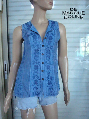 TUNIQUE BRODEE DE MARQUE COLINE BLEUE JEAN'S T 36 VISCOSE  - Photo 1/4
