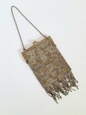 Antique French Art Nouveau Steel Cut Micro Bead Silver Gold Tone Fringe Purse