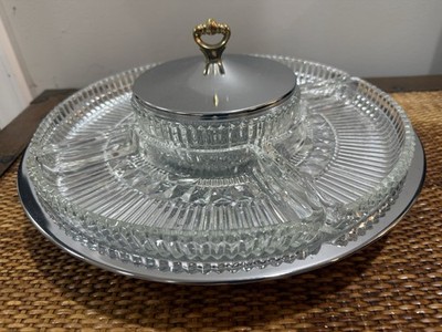 VTG Kromex Lazy Suzan Glass Divided Relish Appetizer Tray Dip Bowl Lid 13  MCM