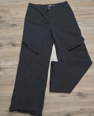 Refuge Black Cargo Pants Button Drawstring Straight Leg Flat Front Women s Solid