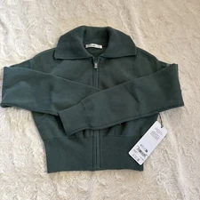 Alo Women's Scholar Knit Cropped Full-Zip Jacket Clover Green Xxs Nwt$188