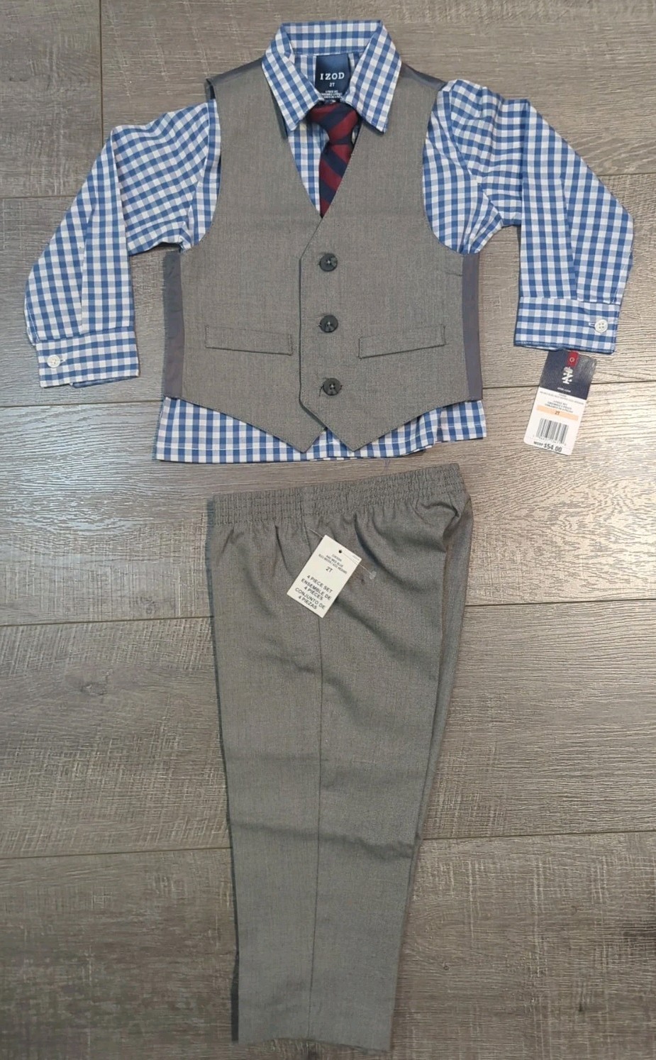 Izod Boys 4 Piece Suit Set Sz 2T Shirt Pants Vest Tie Gray B