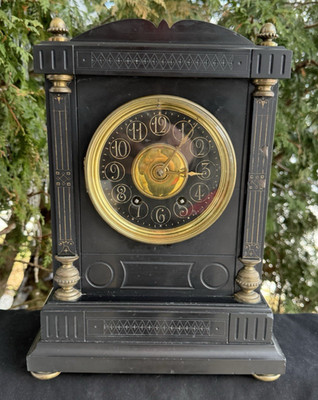Antique C 1880s HONORE PONS French Slate & Brass Mantle Clock - SEE VIDEO