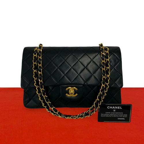 Chanel Matelasse Double Flap Shoulder Bag Quilted Lambskin Black 1985 #TVB3031