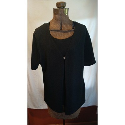 Sag Harbor Womens Black Metallic Textured Knit 2 Piece Cardigan Sweater Set L