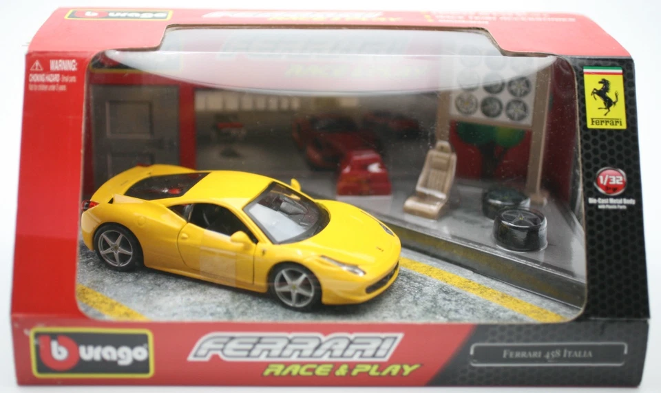 Bburago Race & Play Ferrari 458 Italia Gialla 1:32 Scala Die-Cast Model Auto - Immagine 2 di 4