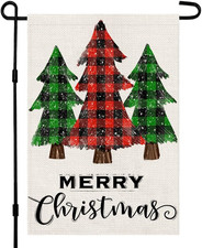 Christmas Tree Garden Flag 12 X 18 Inch Double Sided Burlap, Merry Christmas Sig