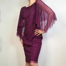 Adrianna Papell Purple Beaded Cocktail Dress Cape Sleeve Formal Size 6 Fairy